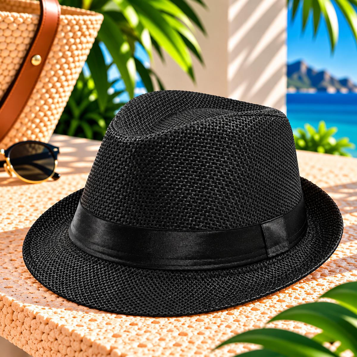 Black woven fedora hat with matching black satin-look band, pinched crown and curved brim displayed on a sunlit stone resort terrace beside a woven tote and sunglasses, with tropical greenery and blue ocean in the background.