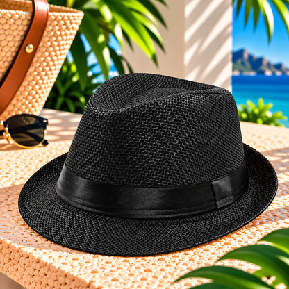 Black woven fedora hat with matching black satin-look band, pinched crown and curved brim displayed on a sunlit stone resort terrace beside a woven tote and sunglasses, with tropical greenery and blue ocean in the background.