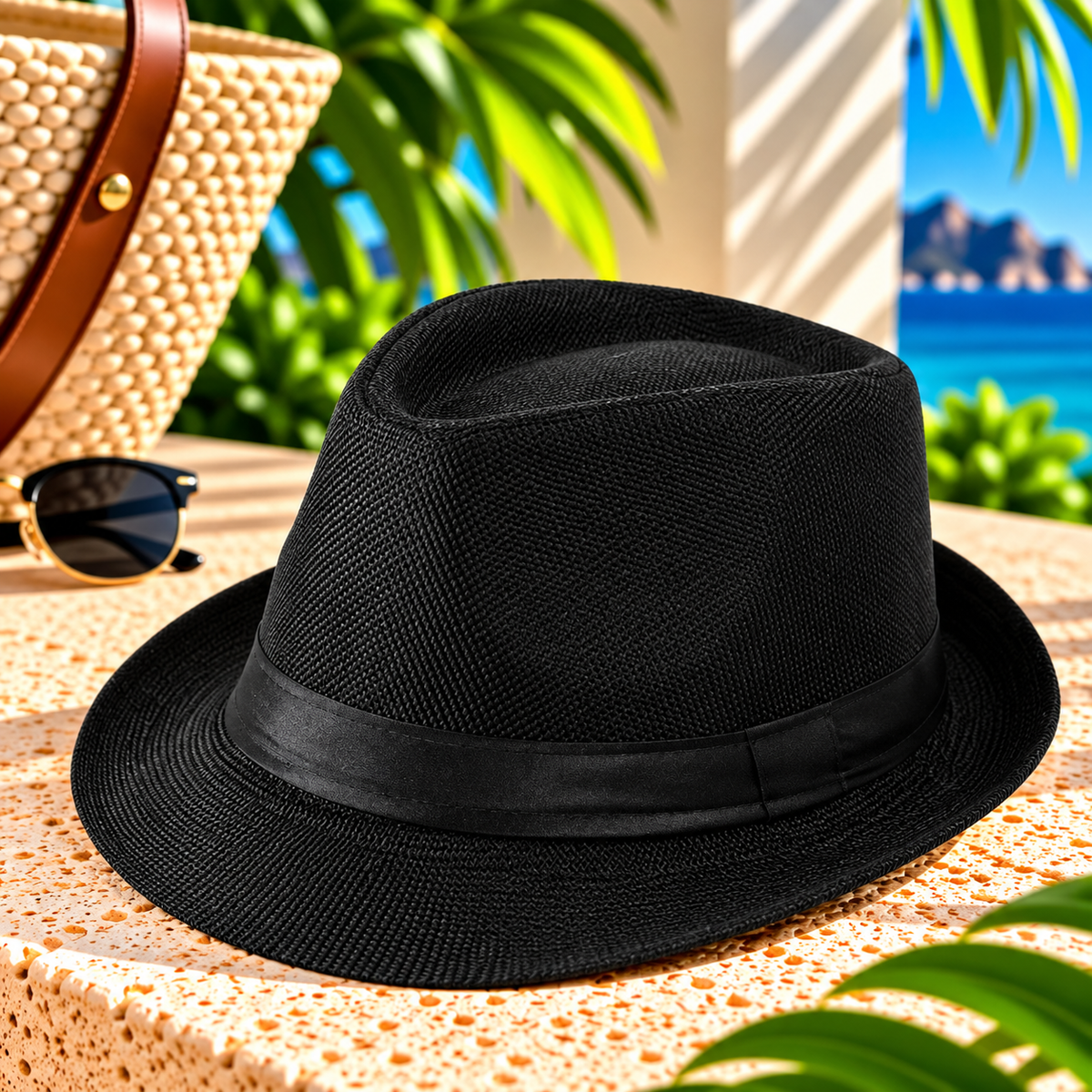 Black woven fedora hat with matching satin-look band, pinched crown and curved brim, displayed on a sunlit resort terrace with a straw tote, sunglasses, tropical greenery and ocean views.
