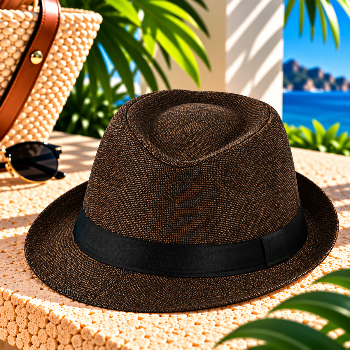 Dark coffee-brown woven fedora hat with black fabric band and pinched crown, displayed on a sunlit tropical resort terrace with a woven beach tote, sunglasses, palm greenery, and ocean views.