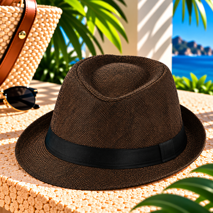 Dark coffee-brown woven fedora hat with black fabric band and pinched crown, displayed on a sunlit tropical resort terrace with a woven beach tote, sunglasses, palm greenery, and ocean views.
