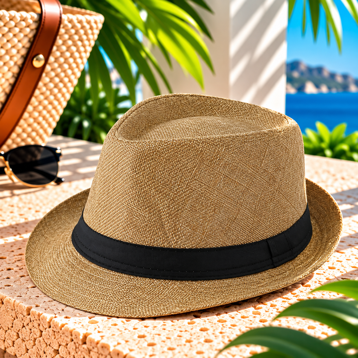 Khaki woven fedora hat with black fabric band, pinched crown and short curved brim displayed on a sunlit stone resort terrace beside a straw tote and sunglasses, with tropical greenery and ocean scenery.