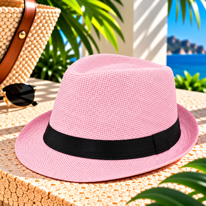 Pastel pink woven fedora hat with black fabric band and short curved brim displayed on a sunlit stone resort terrace beside a woven beach tote and sunglasses, with tropical greenery and ocean views.