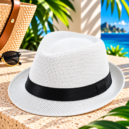 White woven fedora hat with black ribbon band and curved brim, displayed on a sunlit tropical resort terrace beside a woven beach tote and sunglasses, with palm greenery and ocean views.