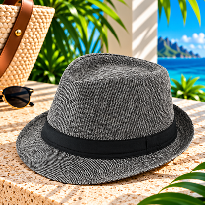 Gray woven fedora hat with black ribbon band and curved brim, displayed on a sunlit tropical resort terrace beside a woven beach tote and sunglasses, with palm greenery and ocean views.