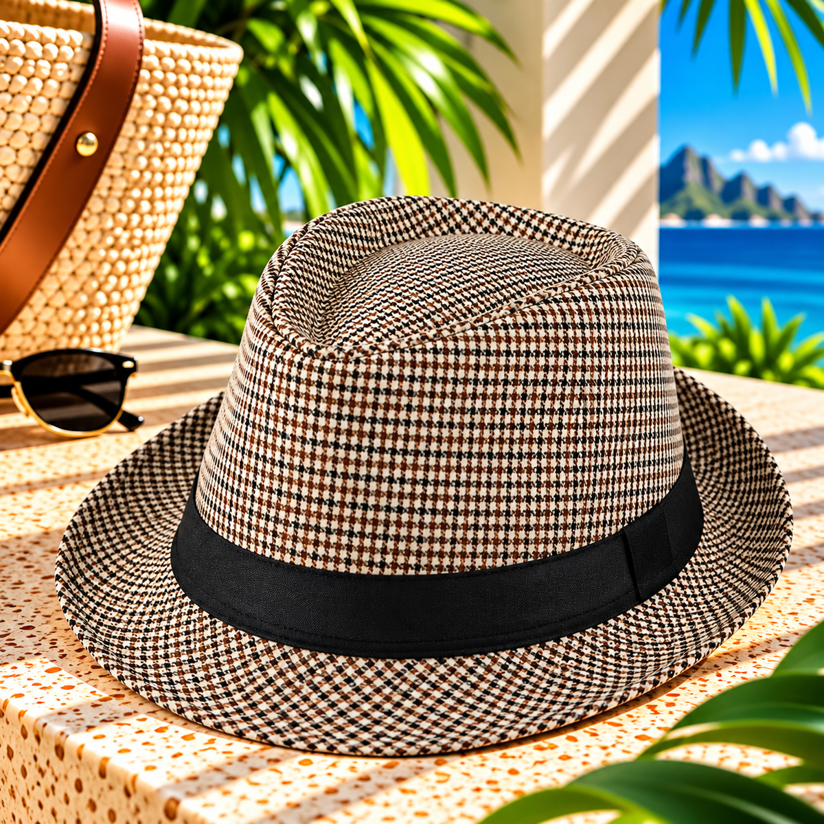 Beige and brown houndstooth grid fedora hat with a black ribbon band and curved brim, displayed on a sunlit tropical resort terrace beside a woven tote and sunglasses, with palm greenery and ocean views.
