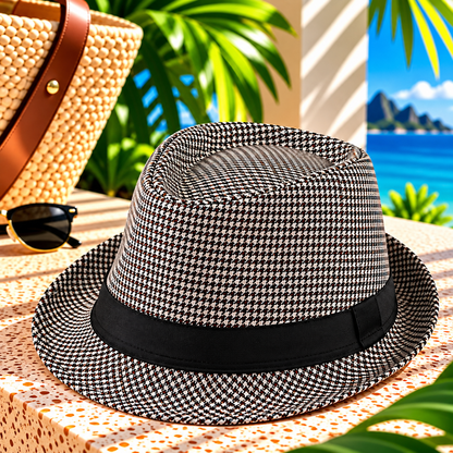 Black, coffee brown and white houndstooth grid fedora hat with a black ribbon band and curved brim, displayed on a sunlit tropical resort terrace beside a woven tote and sunglasses, with palm greenery and ocean views.
