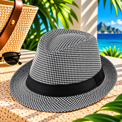 Black-and-white houndstooth grid fedora hat with a black ribbon band and curved brim, styled on a sunlit tropical resort terrace beside a woven tote and sunglasses, with palm greenery and ocean views.