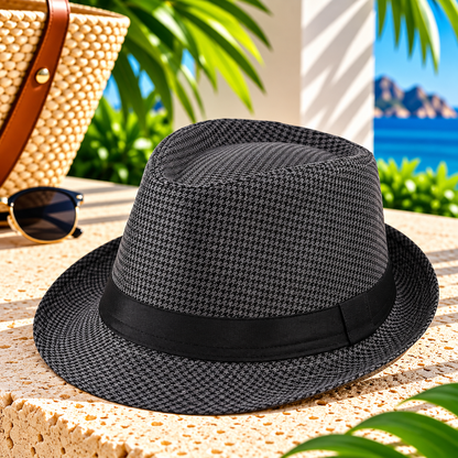 Iron gray micro-check patterned fedora hat with black ribbon band, pinched crown and short curved brim displayed on a sunlit stone terrace with straw tote, sunglasses, tropical greenery and blue ocean.