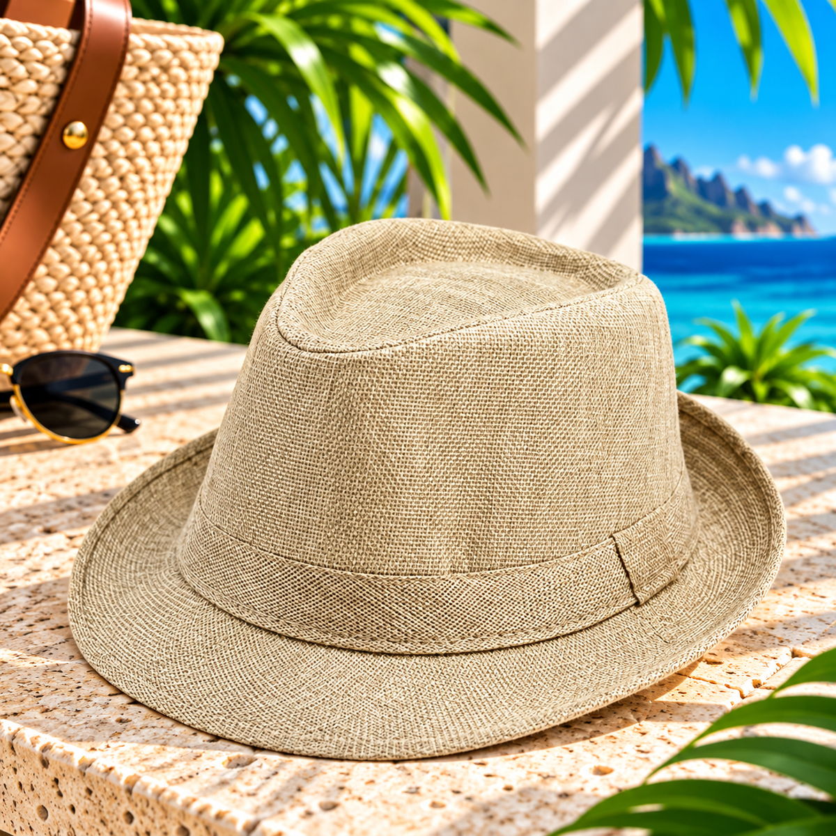 Beige linen-textured fedora hat with matching fabric band, pinched crown and curved brim on a sunlit tropical resort terrace beside a woven beach tote and sunglasses, with palm greenery and ocean views.