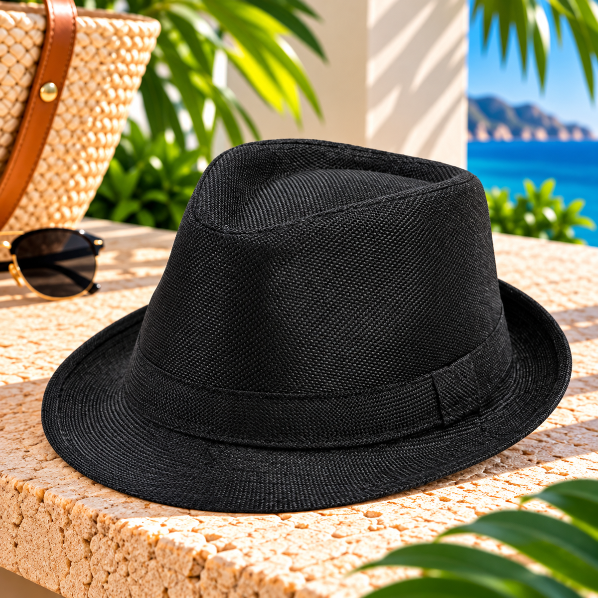 Black woven-texture fedora hat with matching black fabric band, pinched crown and short curved brim, displayed on a sunlit stone ledge with a woven beach bag, sunglasses, tropical greenery and ocean scenery.