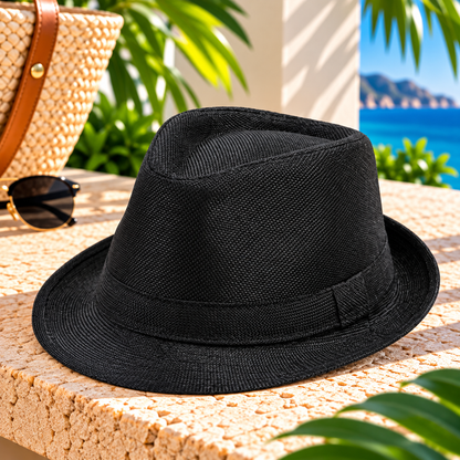 Black woven-texture fedora hat with matching black fabric band, pinched crown and short curved brim, displayed on a sunlit stone ledge with a woven beach bag, sunglasses, tropical greenery and ocean scenery.