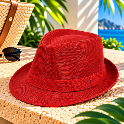 Bright red woven fedora hat with a matching red fabric band, pinched crown and short curved brim, displayed on a sunlit stone terrace beside a woven beach bag and sunglasses, with tropical greenery and ocean scenery.