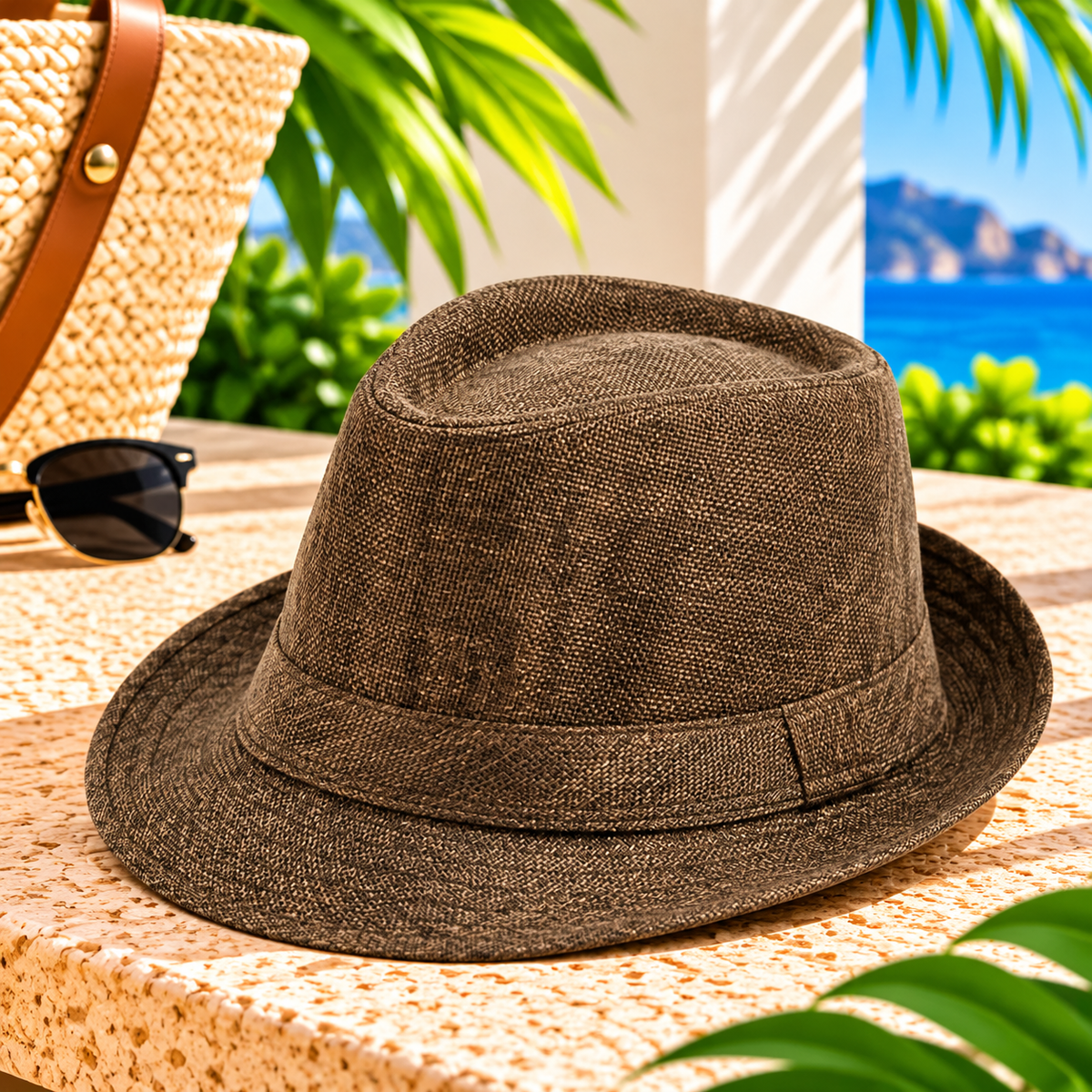 Coffee brown woven-texture fedora hat with matching stitched fabric band, pinched crown and short curved brim on a sunlit stone terrace beside sunglasses and a straw tote, with tropical greenery and blue ocean scenery.