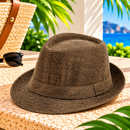 Coffee brown woven-texture fedora hat with matching stitched fabric band, pinched crown and short curved brim on a sunlit stone terrace beside sunglasses and a straw tote, with tropical greenery and blue ocean scenery.