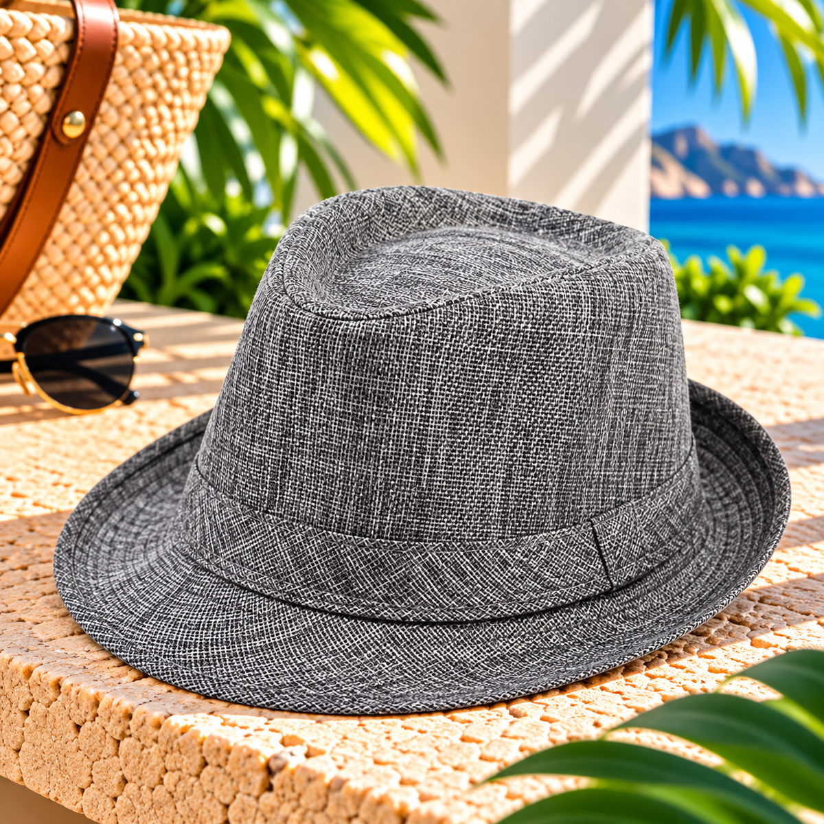 Gray woven linen-look fedora hat with a matching fabric band and short curved brim, displayed on a sunlit stone terrace beside sunglasses and a woven resort bag with tropical greenery and blue ocean in the background.