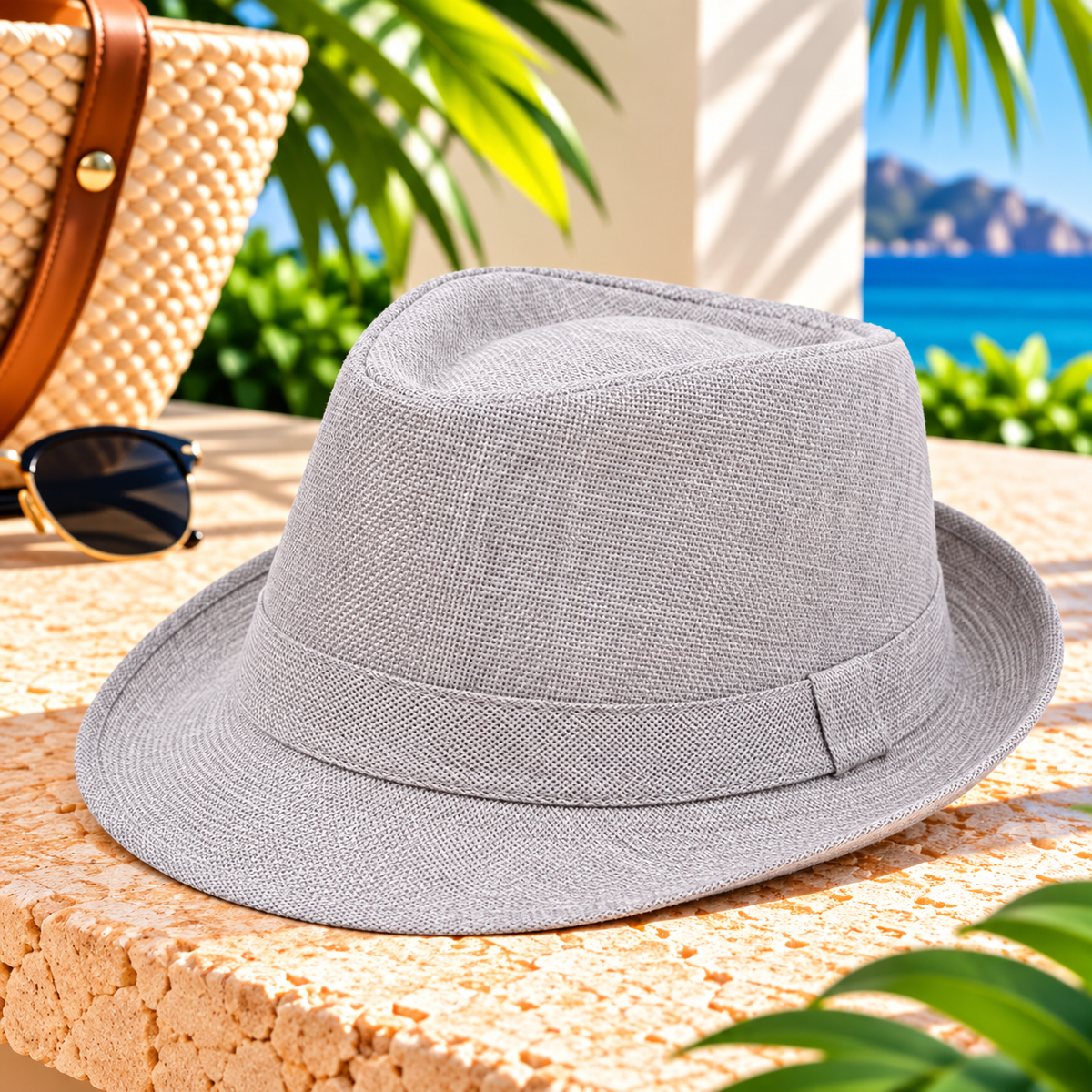 Light gray woven fedora hat with a matching fabric band and short curved brim, displayed on a sunlit stone terrace beside sunglasses and a woven resort bag, with tropical greenery and blue ocean scenery.