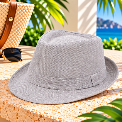 Light gray woven fedora hat with a matching fabric band and short curved brim, displayed on a sunlit stone terrace beside sunglasses and a woven resort bag, with tropical greenery and blue ocean scenery.