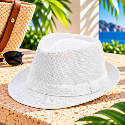 White woven fedora hat with matching fabric band and short curved brim, displayed on a sunlit stone terrace beside a woven handbag and sunglasses, with tropical greenery and blue ocean scenery.