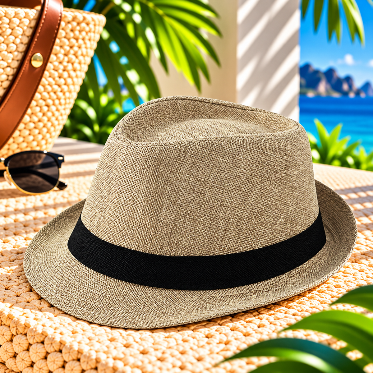 Natural beige woven fedora hat with a wide black ribbon band and curved brim, styled on a sunlit tropical resort terrace beside a straw tote and sunglasses, with palm greenery and ocean views.