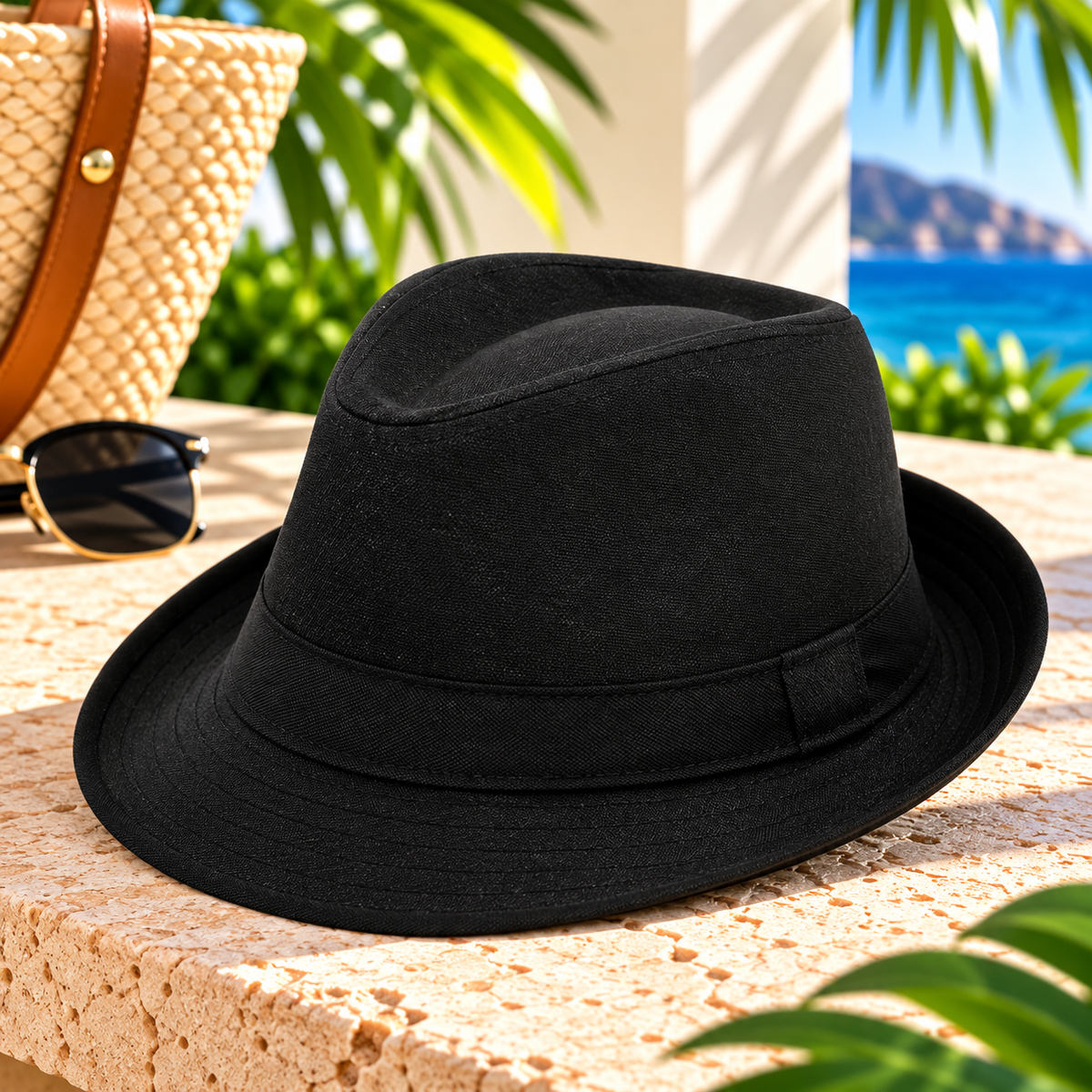 Black fedora hat with a matching black fabric band and short curved brim, displayed on a sunlit stone surface beside sunglasses and a woven handbag, with tropical greenery and ocean scenery.