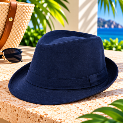 Navy blue fedora hat with matching fabric band, pinched crown and short curved brim, displayed on a sunlit stone terrace beside a woven handbag and sunglasses with tropical greenery and ocean scenery.