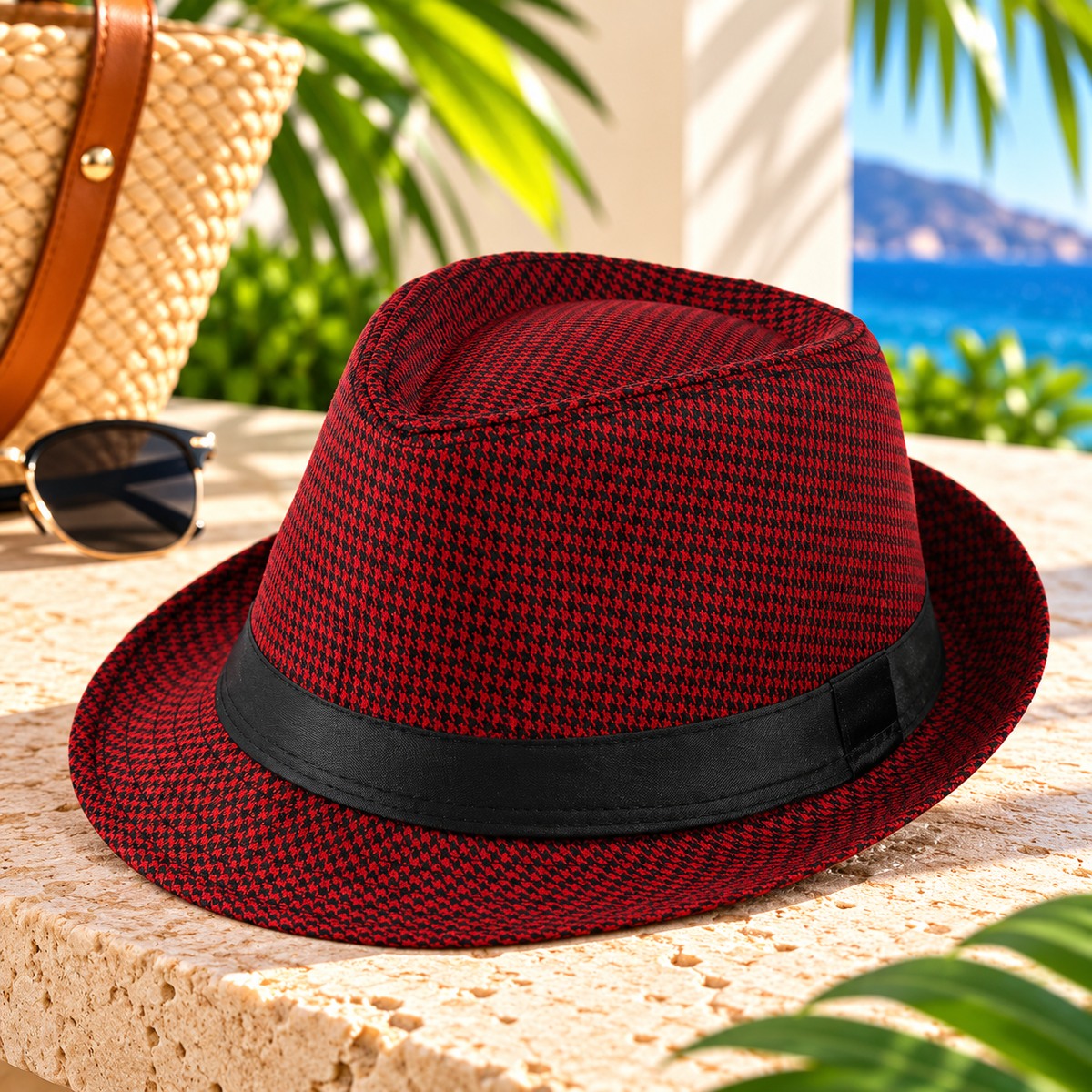 Red and black houndstooth patterned fedora hat with a black fabric band and short curved brim, displayed on a sunlit stone surface with tropical greenery, sunglasses, and an ocean-view resort background.