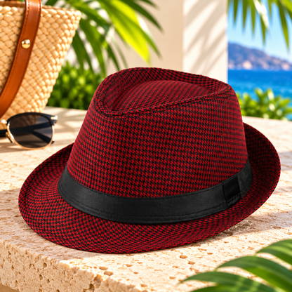 Red and black houndstooth patterned fedora hat with a black fabric band and short curved brim, displayed on a sunlit stone surface with tropical greenery, sunglasses, and an ocean-view resort background.