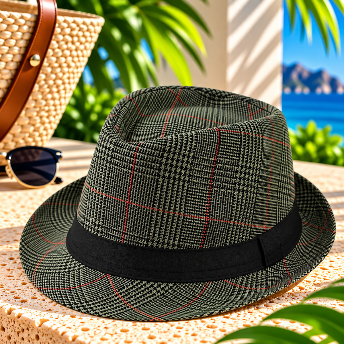 Army green and black plaid fedora hat with fine red stripes and black ribbon band, displayed on a sunlit resort terrace with a woven beach tote, sunglasses, palm greenery, and ocean views.