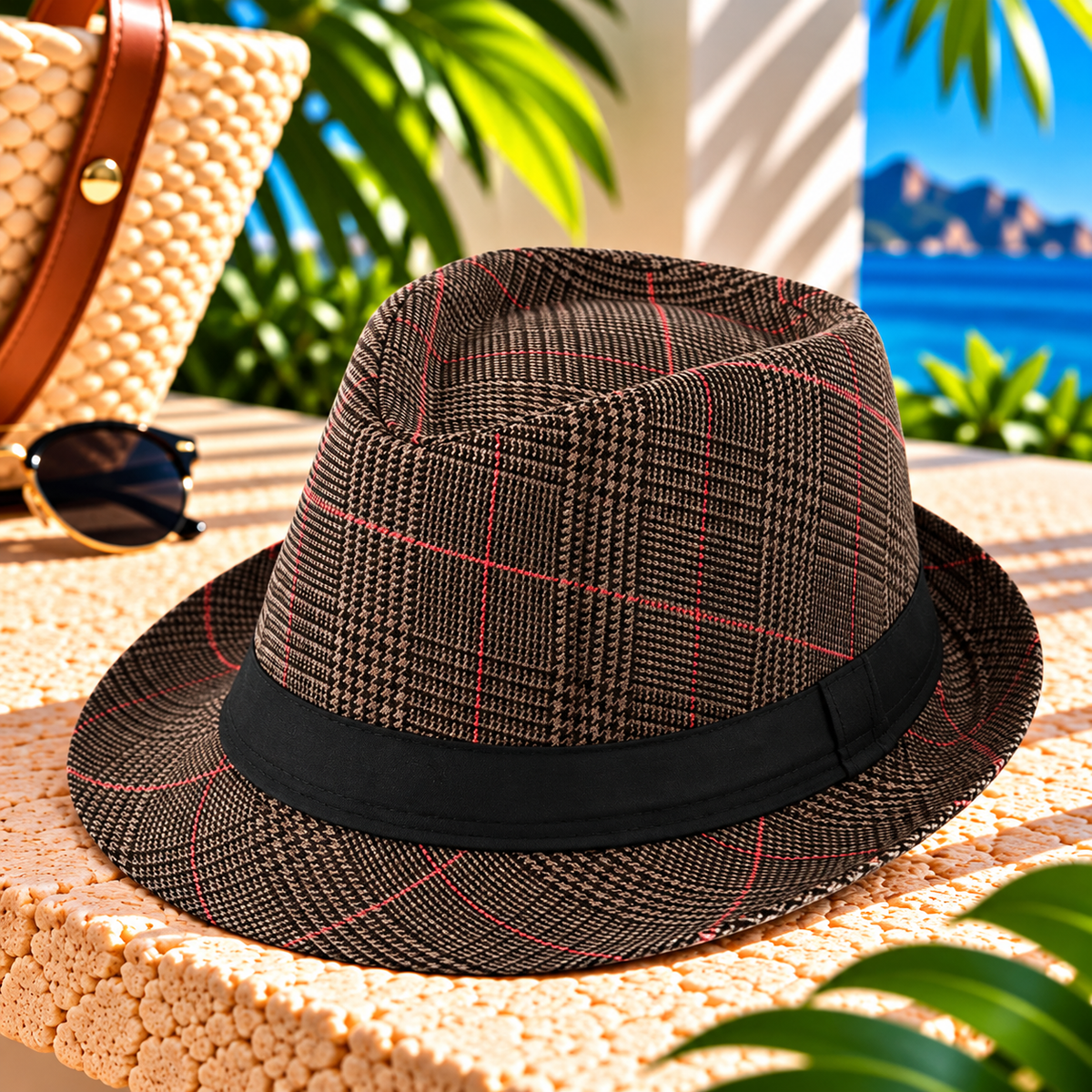 Coffee brown and black plaid fedora hat with fine red stripes, black fabric band, pinched crown and curved brim on a sunlit resort terrace beside a woven tote and sunglasses with tropical greenery and ocean views.