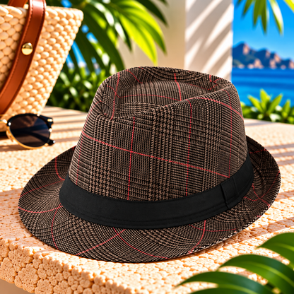 Coffee brown and black plaid fedora hat with fine red stripes, black fabric band, pinched crown and curved brim on a sunlit resort terrace beside a woven tote and sunglasses with tropical greenery and ocean views.