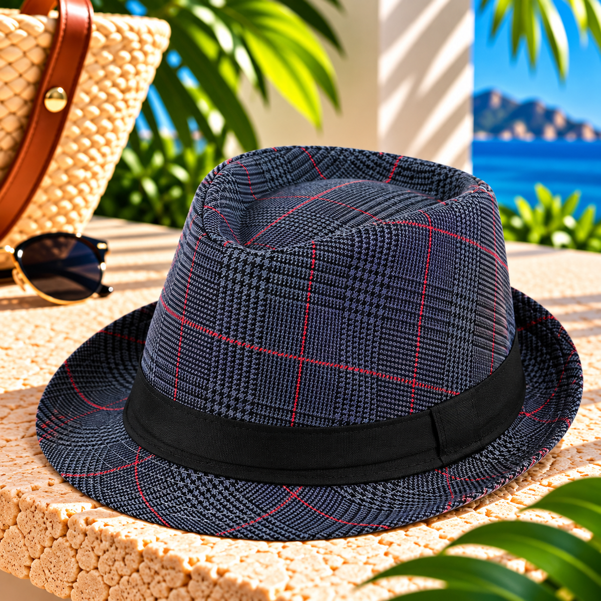 Purplish blue and charcoal plaid fedora hat with fine red grid stripes, black fabric band and curved brim, displayed on a sunlit stone resort terrace beside sunglasses and a woven beach tote with tropical greenery and ocean views.