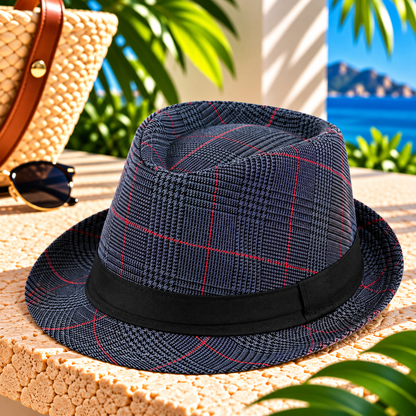 Purplish blue and charcoal plaid fedora hat with fine red grid stripes, black fabric band and curved brim, displayed on a sunlit stone resort terrace beside sunglasses and a woven beach tote with tropical greenery and ocean views.