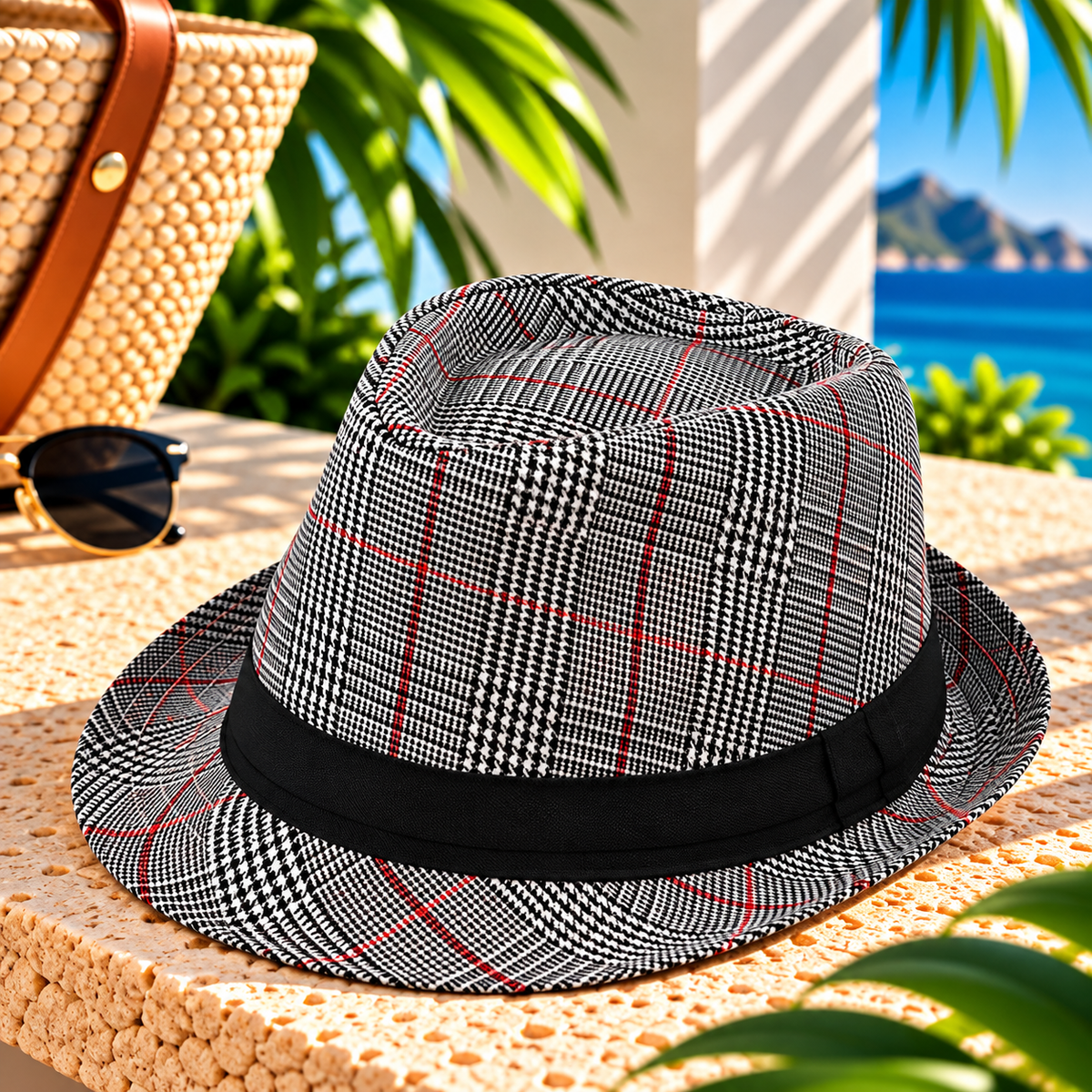 Black and white plaid fedora hat with fine red stripes, solid black fabric band and short curved brim on a sunlit stone terrace beside a woven resort bag and sunglasses, with tropical greenery and ocean in the background.