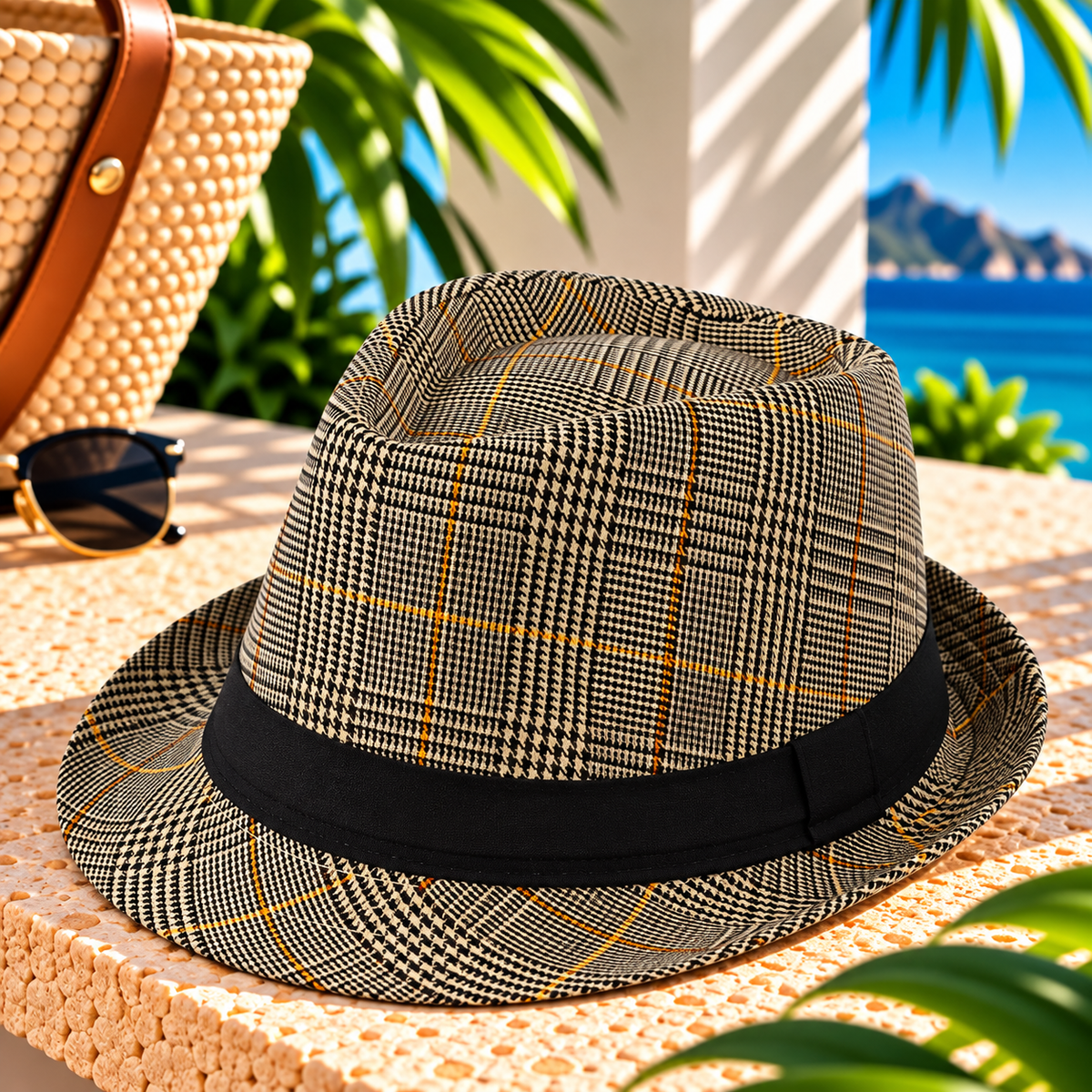 Beige and black plaid fedora hat with fine yellow accent stripes, black fabric band, pinched crown and short curved brim on a sunlit stone terrace beside a woven beach bag and sunglasses, with tropical greenery and ocean view.