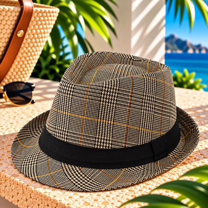 Beige and black plaid fedora hat with fine yellow accent stripes, black fabric band, pinched crown and short curved brim on a sunlit stone terrace beside a woven beach bag and sunglasses, with tropical greenery and ocean view.