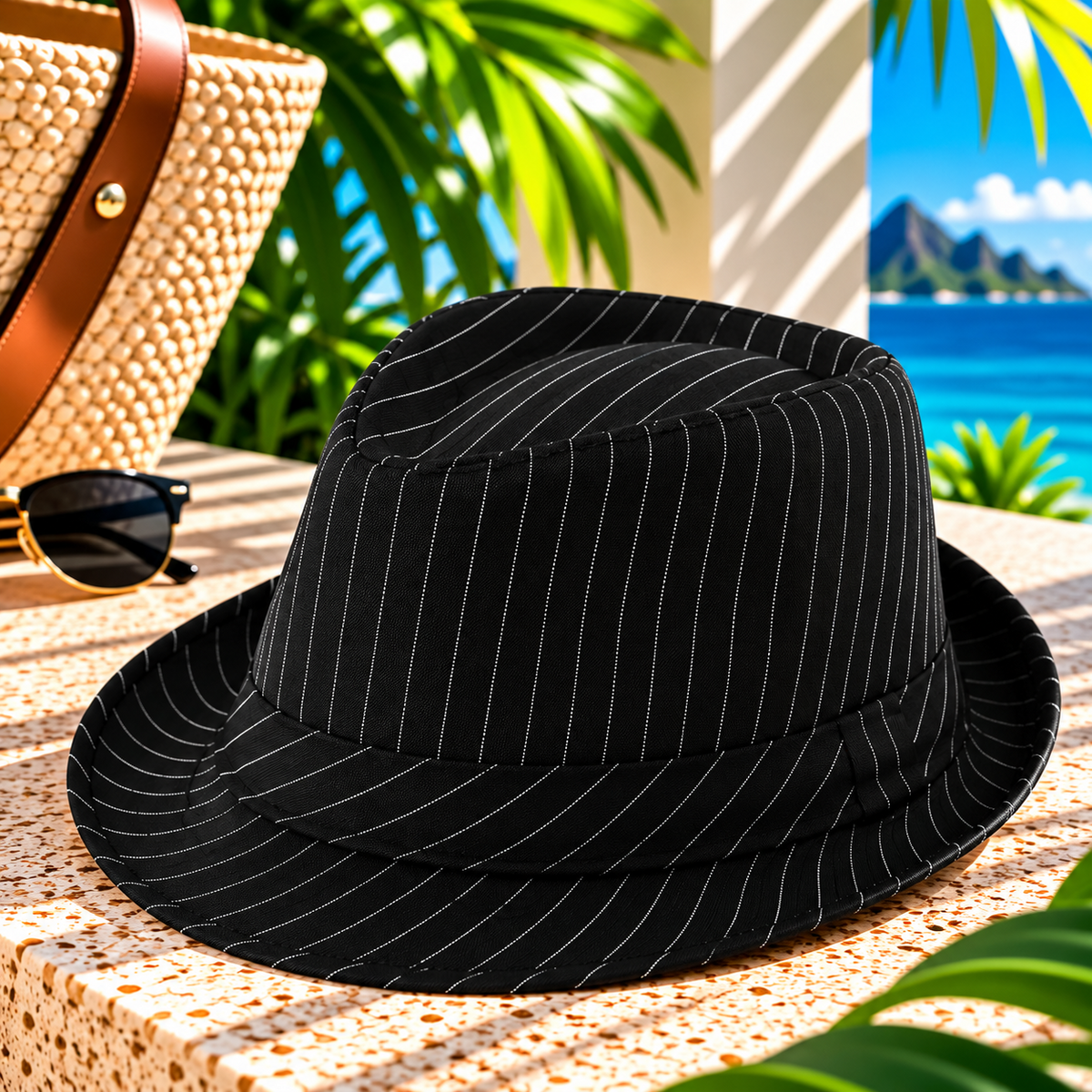 Black fedora hat with fine white pinstripes, matching striped hatband and curved brim, displayed on a sunlit tropical resort terrace beside a woven tote and sunglasses with palm greenery and ocean views.