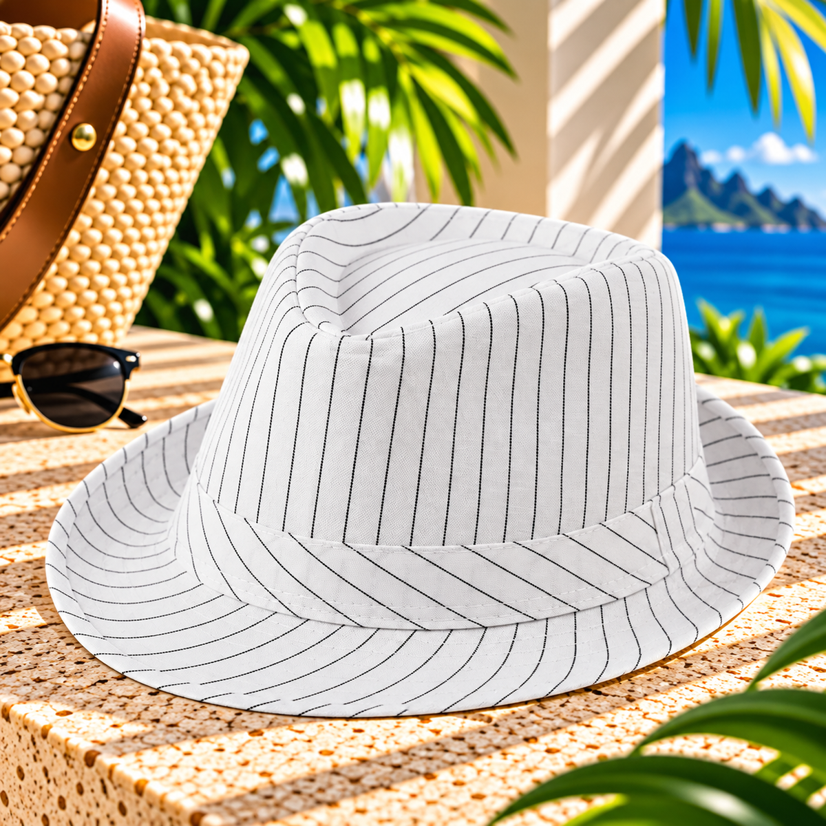 White fedora hat with fine black pinstripes, matching striped hatband and curved brim, displayed on a sunlit tropical resort terrace beside a woven tote and sunglasses, with palm greenery and ocean views.