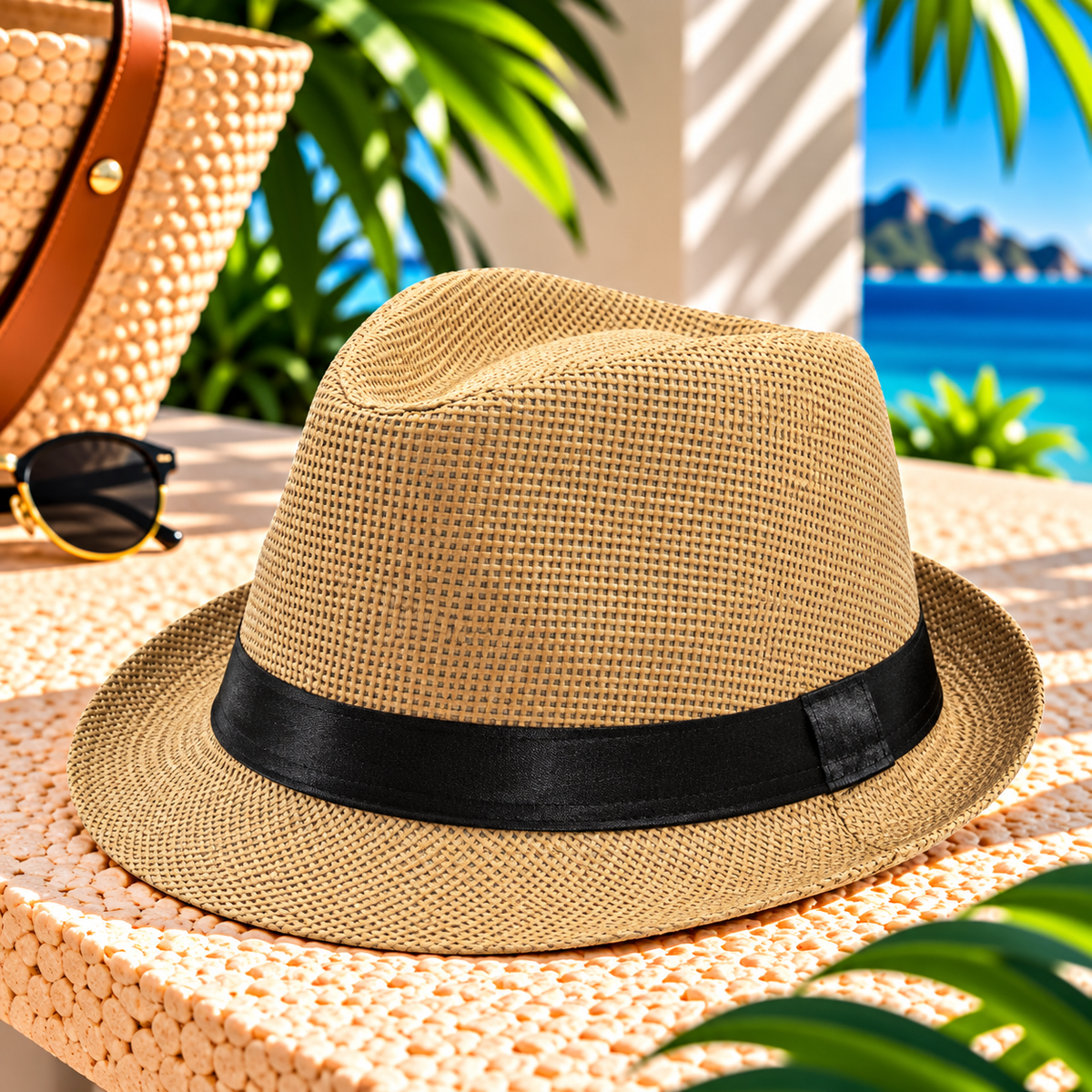 Tan woven fedora hat with black ribbon band and pinched crown, displayed on a sunlit tropical resort terrace beside a woven beach bag and sunglasses, with palm greenery and ocean views.