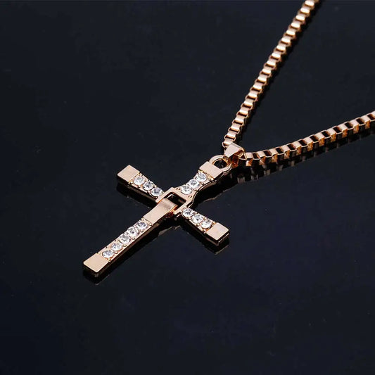 Crystal cross pendant men's necklace in gold and silver stainless steel and alloy