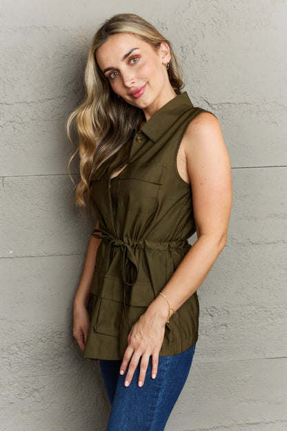 Green Sleeveless Collared Button Down Top