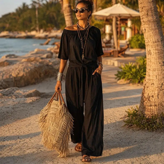 Off Shoulder Tie Waist Jumpsuit