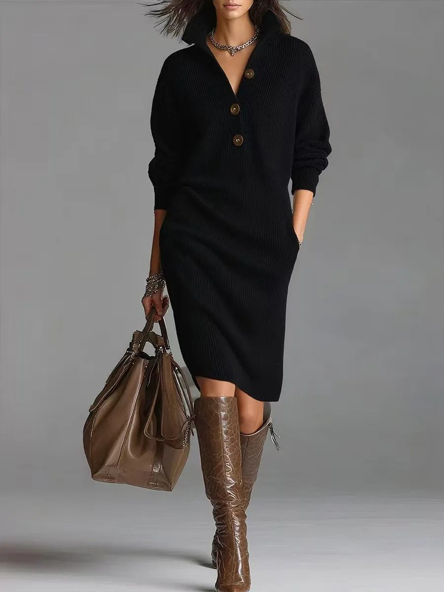 Classic Ribbed Knit Polo Midi Dress