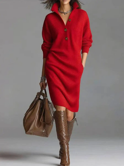 Classic Ribbed Knit Polo Midi Dress
