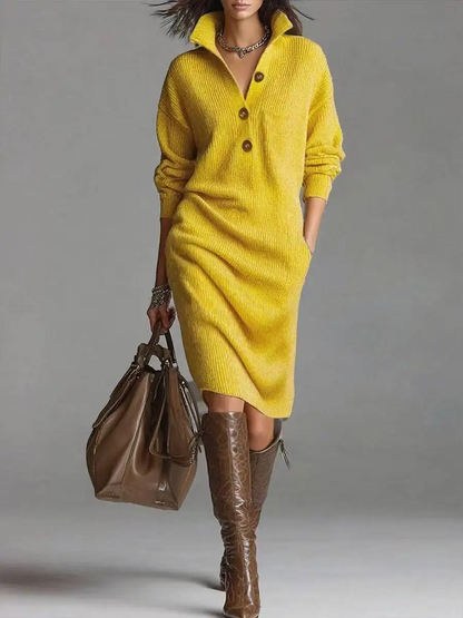 Classic Ribbed Knit Polo Midi Dress