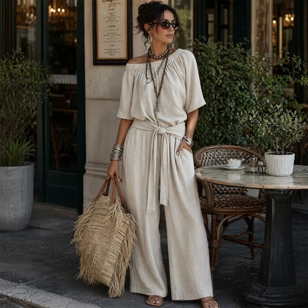 Off Shoulder Tie Waist Jumpsuit