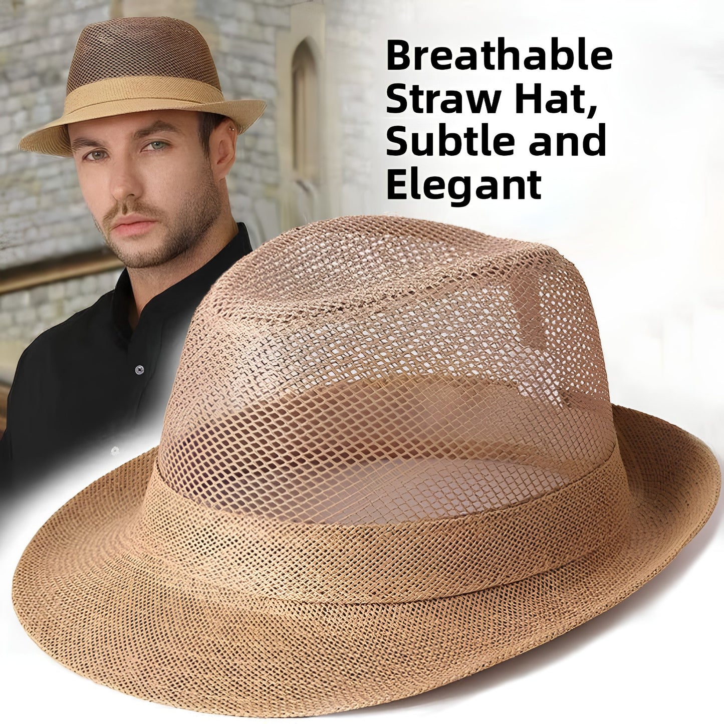 A light tan woven straw fedora hat with a mesh band, shown prominently in the foreground with a model wearing the same hat in the background. Text on the image reads 'Breathable Straw Hat, Subtle and Elegant'.
