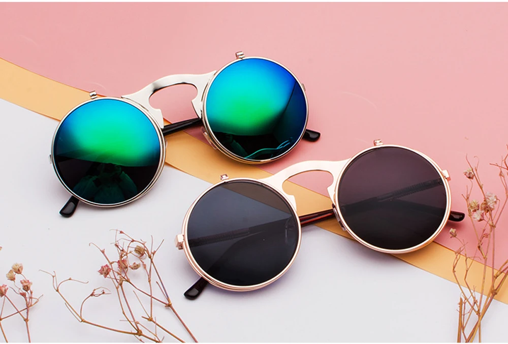 Vintage Steampunk Flip-Up Round Sunglasses