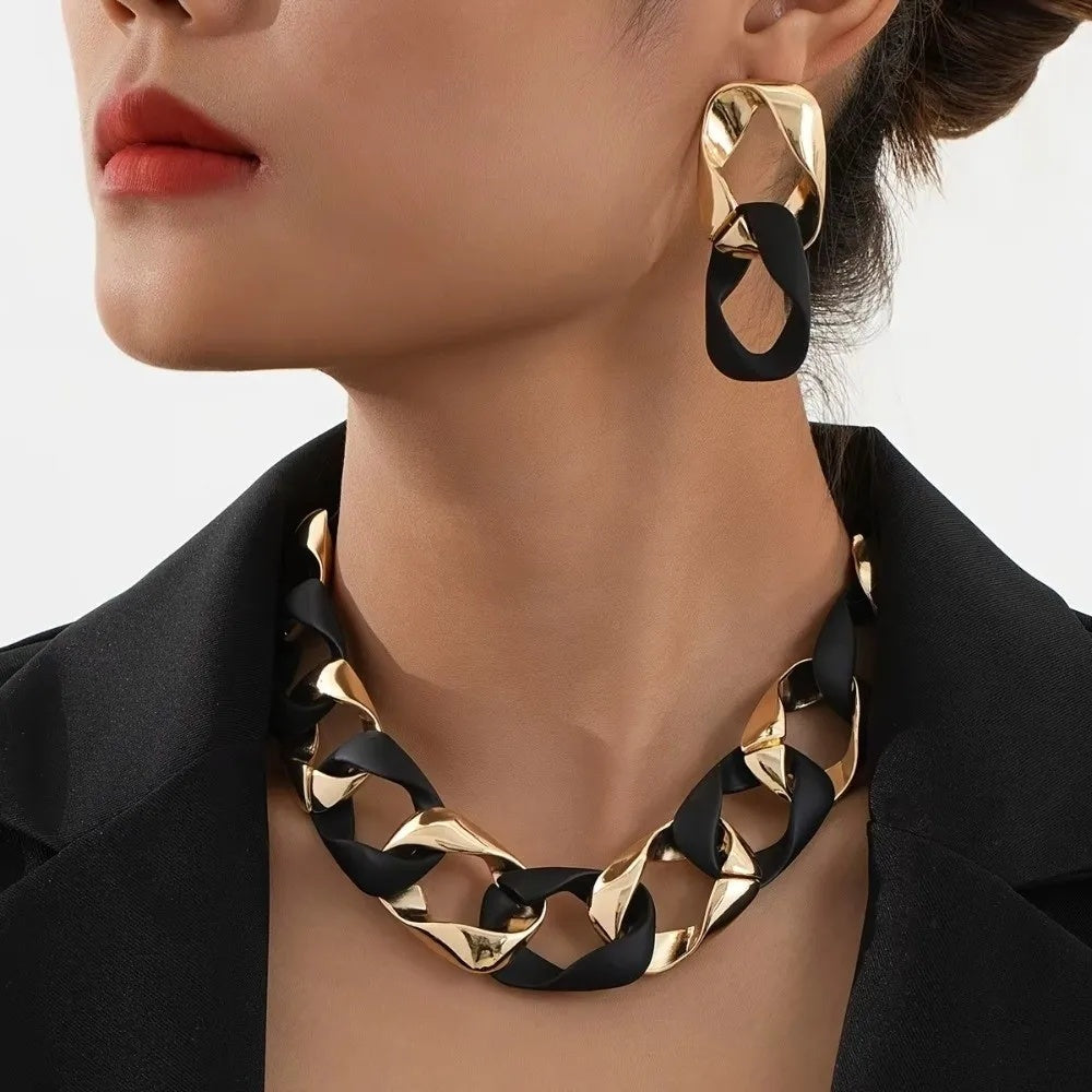 Chunky Dual-Texture Interlocking Link Chain Necklace & Earring Set