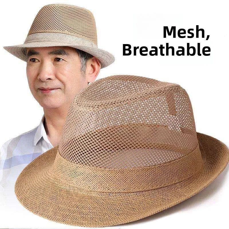 A light tan woven straw hat with a mesh crown and wide brim, shown in front of a man wearing the same hat. The image includes the text 'Mesh, Breathable' on a white background.